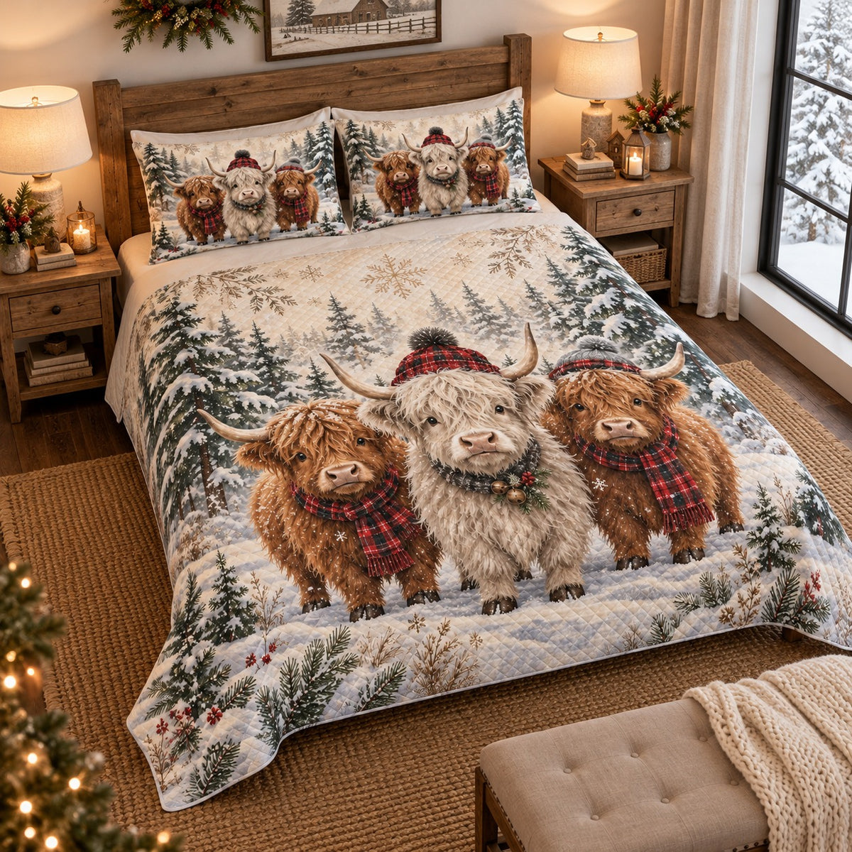 Christmas Highland cow family quilt set – left angle