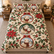 Front view of christmas lamb ornaments quilt set with diamond stitching