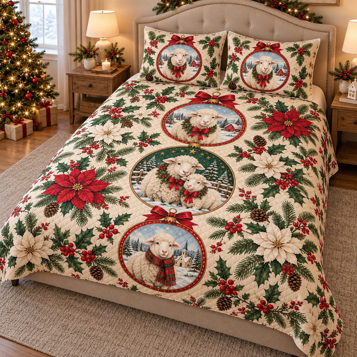 Angled view of christmas lamb ornaments quilt set with matching shams
