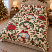 Angled view of christmas lamb ornaments quilt set with matching shams
