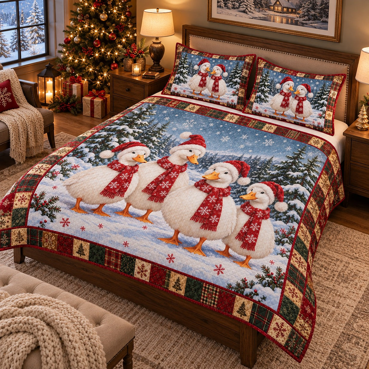Christmas Snowman Family Quilt Set – Cozy Holiday Bedding Gift — left angle view