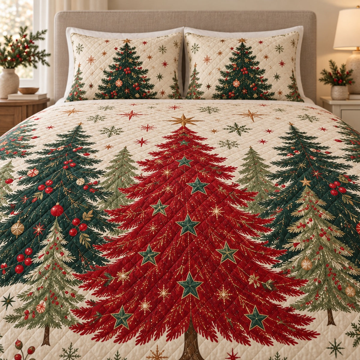 Christmas tree quilt close view with diamond stitching