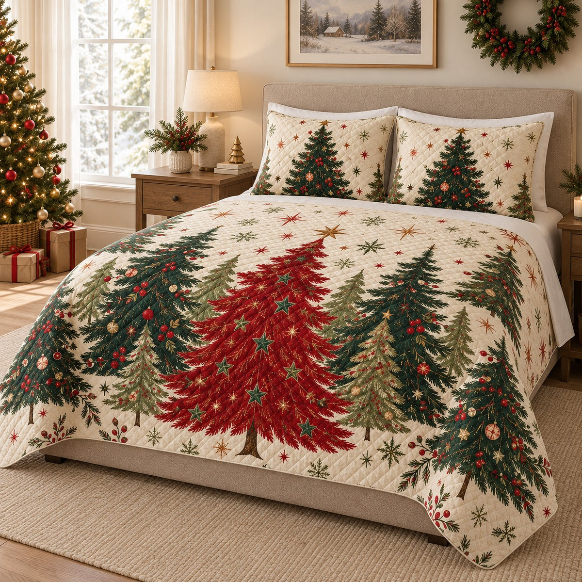 Christmas tree quilt set angled bedroom view