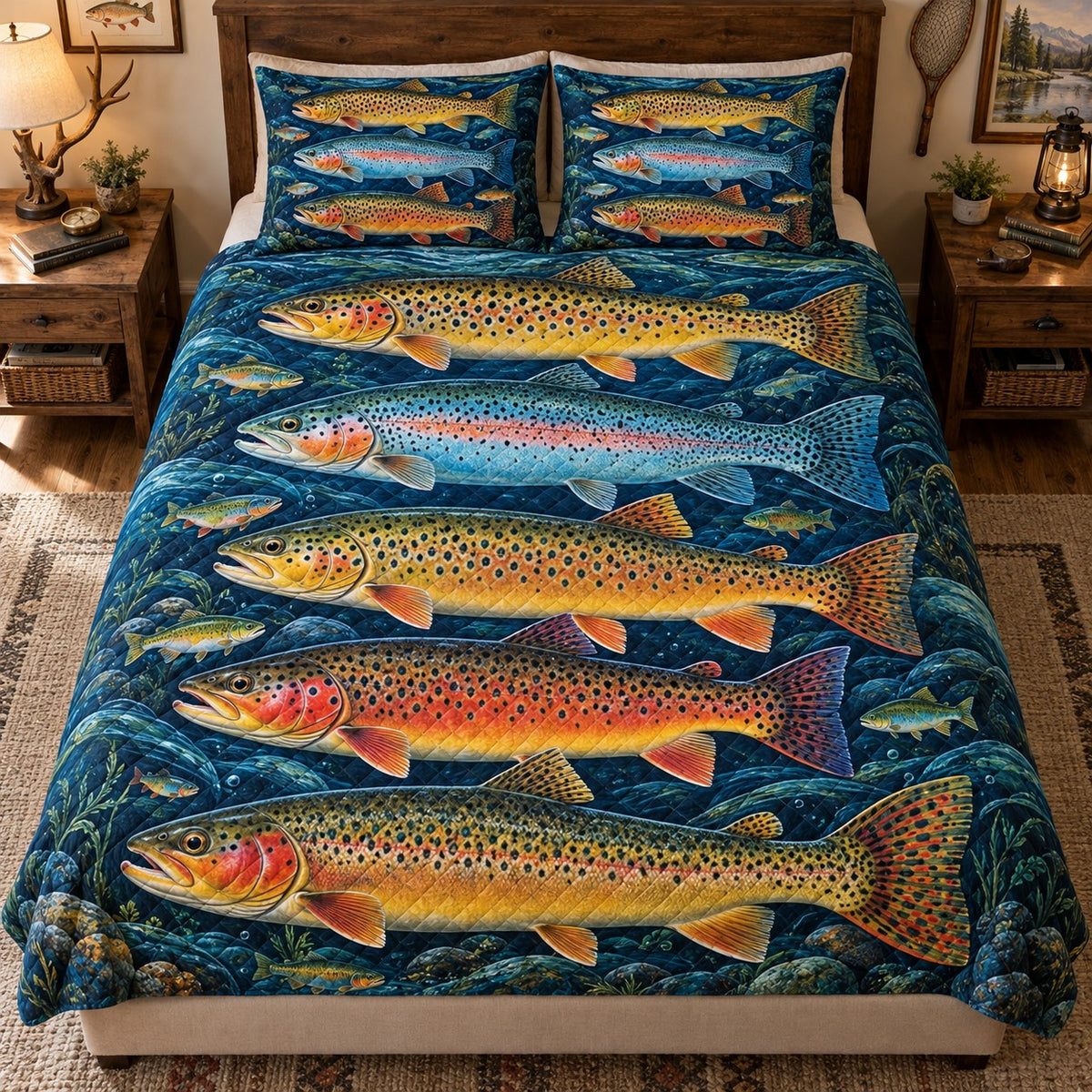 Front view of Colorful Trout River Quilt Set – Rustic Bedroom Gift for Fishing Lovers with diamond stitching
