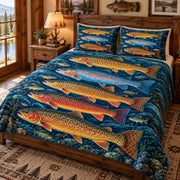 Angled view of Colorful Trout River Quilt Set – Rustic Bedroom Gift for Fishing Lovers with diamond stitching