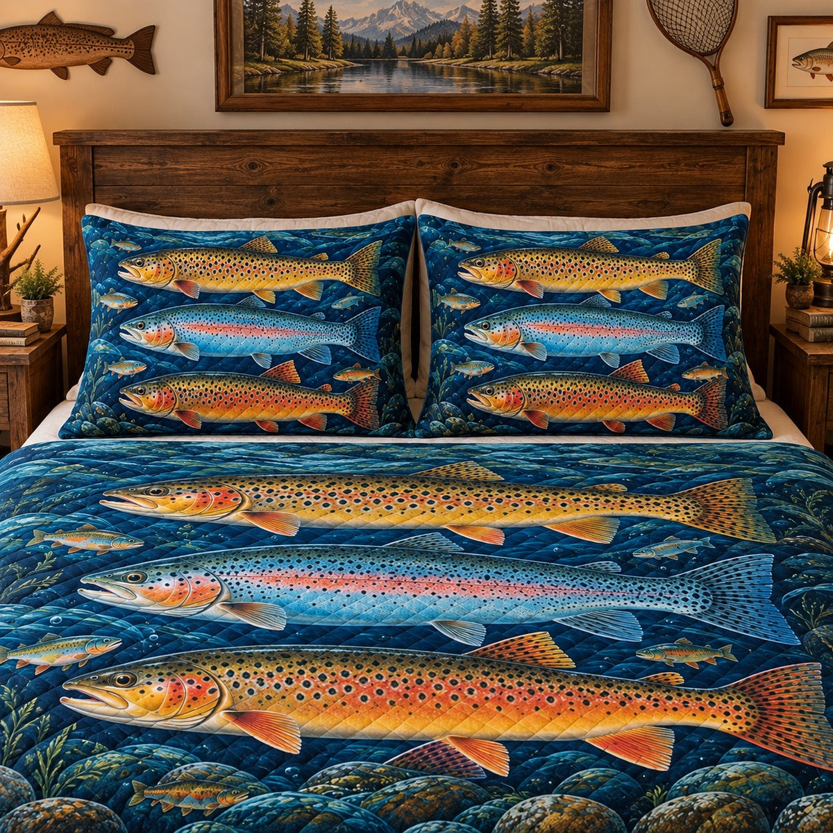 Alternate view of Colorful Trout River Quilt Set – Rustic Bedroom Gift for Fishing Lovers with diamond stitching