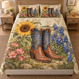 Cowboy Boots Sunflower Quilt Set – Western Bedroom Gift for Boot Lovers