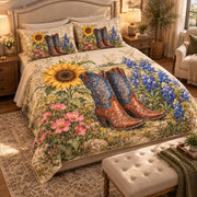 Angled view of Cowboy Boots Sunflower Quilt Set – Western Bedroom Gift for Boot Lovers with diamond stitching