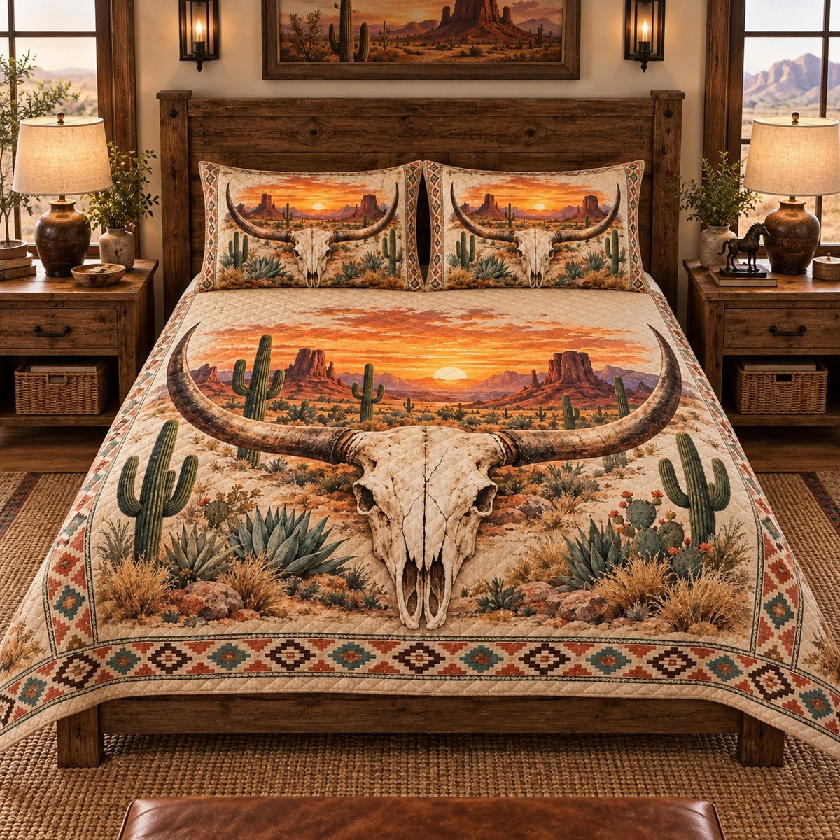 Desert Sunset Longhorn Skull Quilt Set – Rustic Western Bedding Gift — left angle view