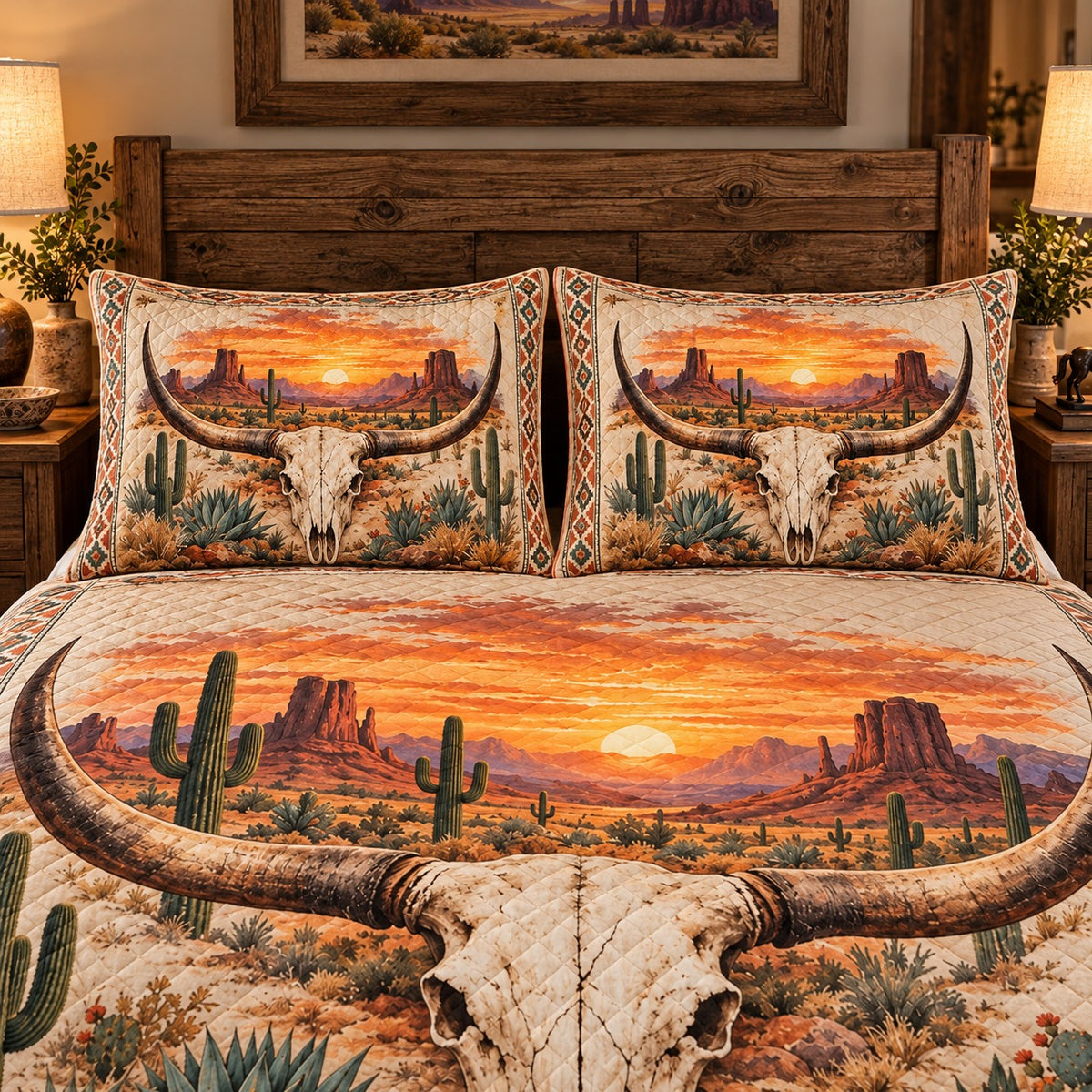 Desert Sunset Longhorn Skull Quilt Set – Rustic Western Bedding Gift — right angle view