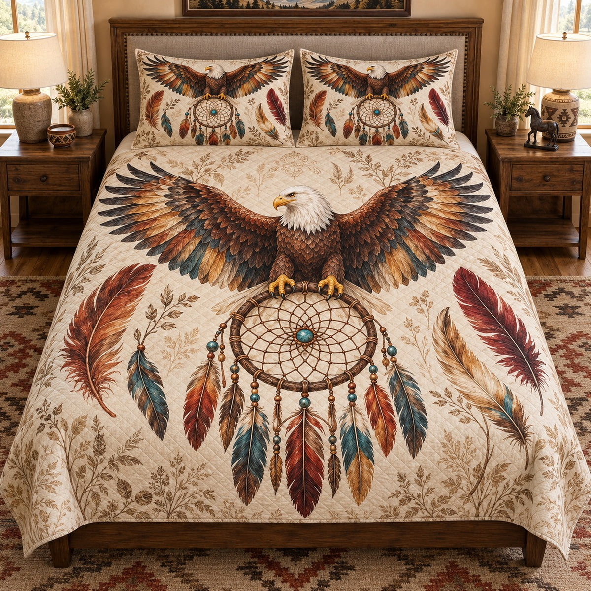 Bald eagle dreamcatcher quilt set – front view