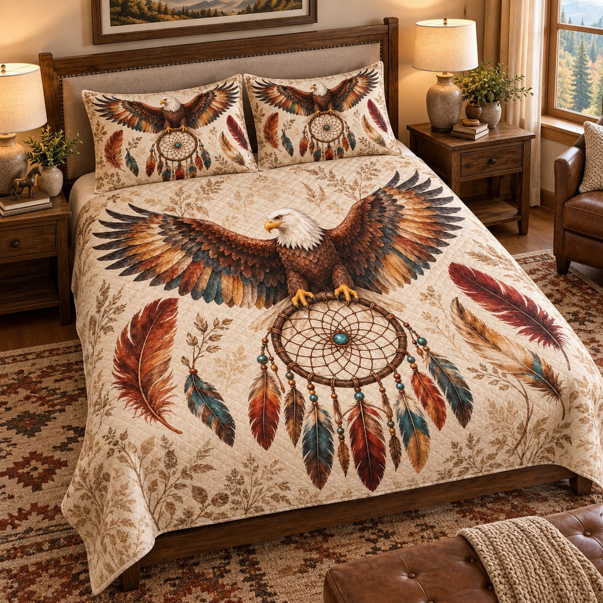 Bald eagle dreamcatcher quilt set – left angle