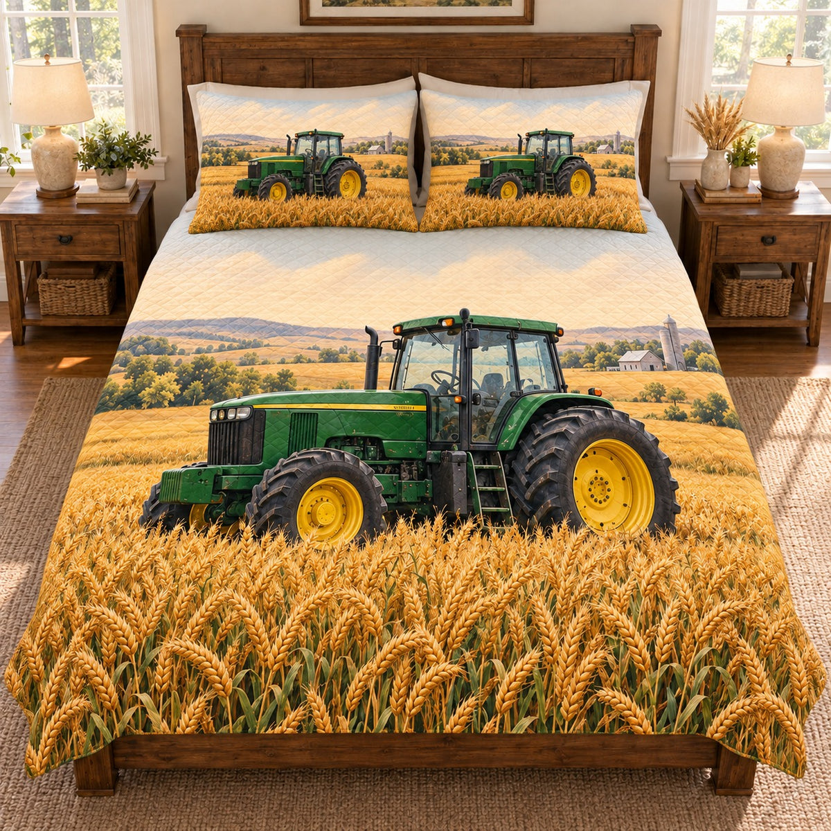 Farm tractor wheat field quilt set – front view