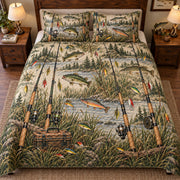 Fishing Rods Riverbank Quilt Set – Rustic Bedroom Gift for Anglers — front hero view
