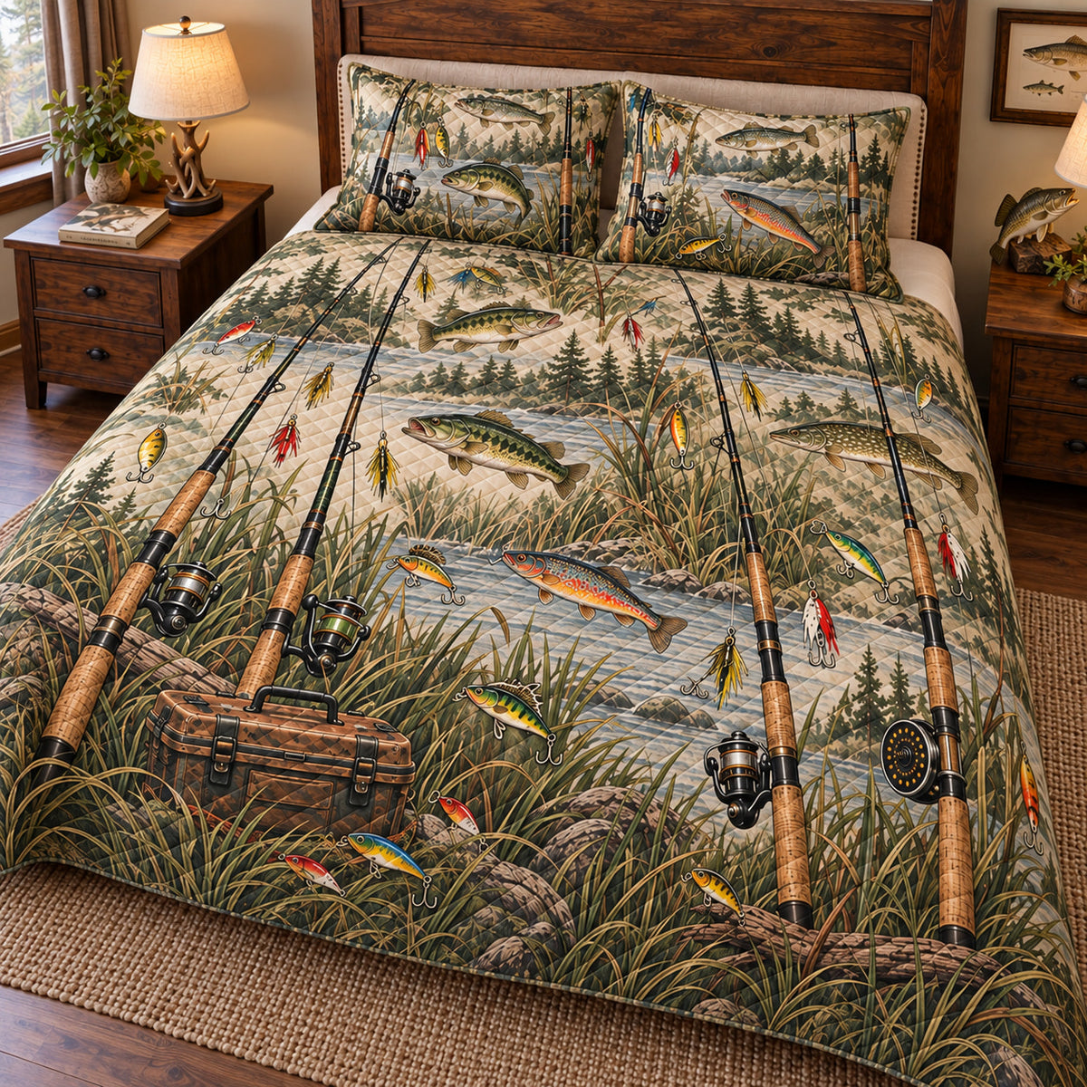 Fishing Rods Riverbank Quilt Set – Rustic Bedroom Gift for Anglers — left angle view