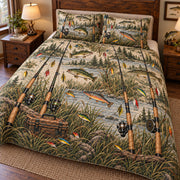 Fishing Rods Riverbank Quilt Set – Rustic Bedroom Gift for Anglers — left angle view
