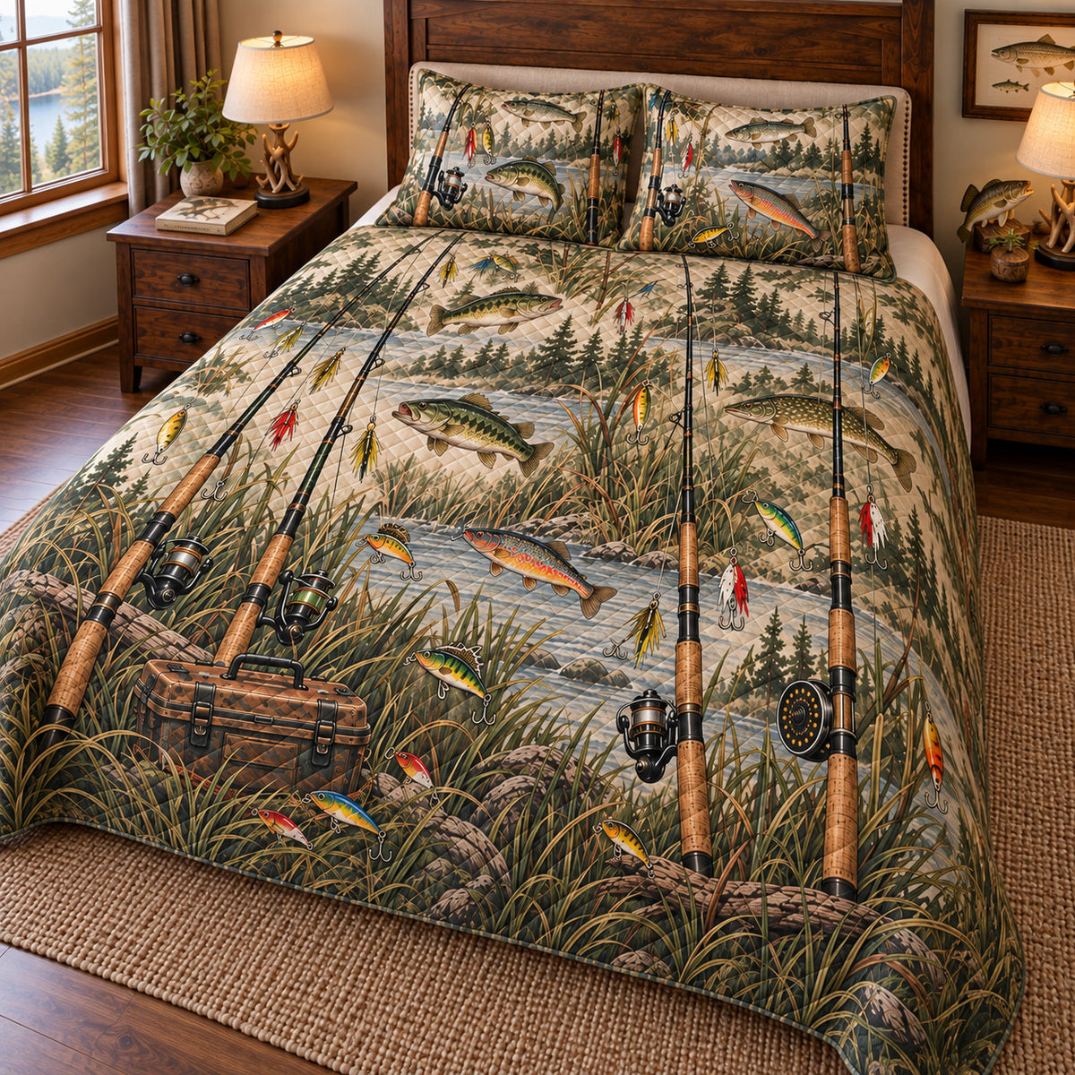 Fishing Rods Riverbank Quilt Set – Rustic Bedroom Gift for Anglers — right angle view