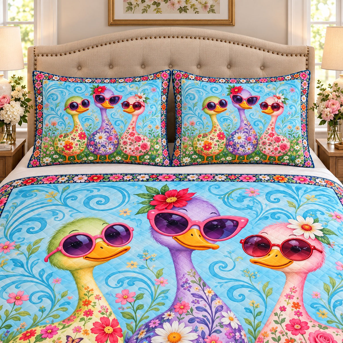 Floral duck sunglasses quilt set – right angle