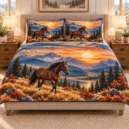 Horse Quilt Set, Mountain Sunset Bedding, Equestrian Bedroom Decor, Gift for Horse Lovers