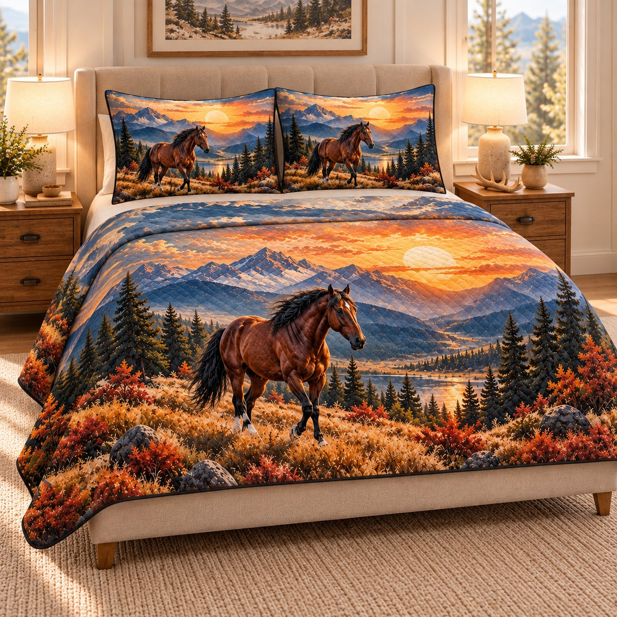 AI mockup, left angle view of horse and mountain sunset quilt set on a beige upholstered bed.