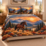 AI mockup, left angle view of horse and mountain sunset quilt set on a beige upholstered bed.