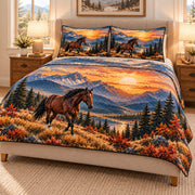 AI mockup, right angle view of horse and mountain sunset quilt set with matching pillowcases.