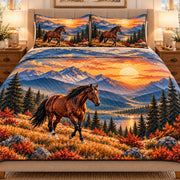 AI mockup, close-up view of horse sunset print, diamond quilting and black binding.