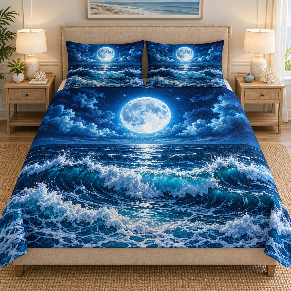 Full moon ocean waves quilt set – front view