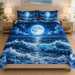 Full Moon Ocean Waves Quilt Set – Coastal Night Bedding Gift
