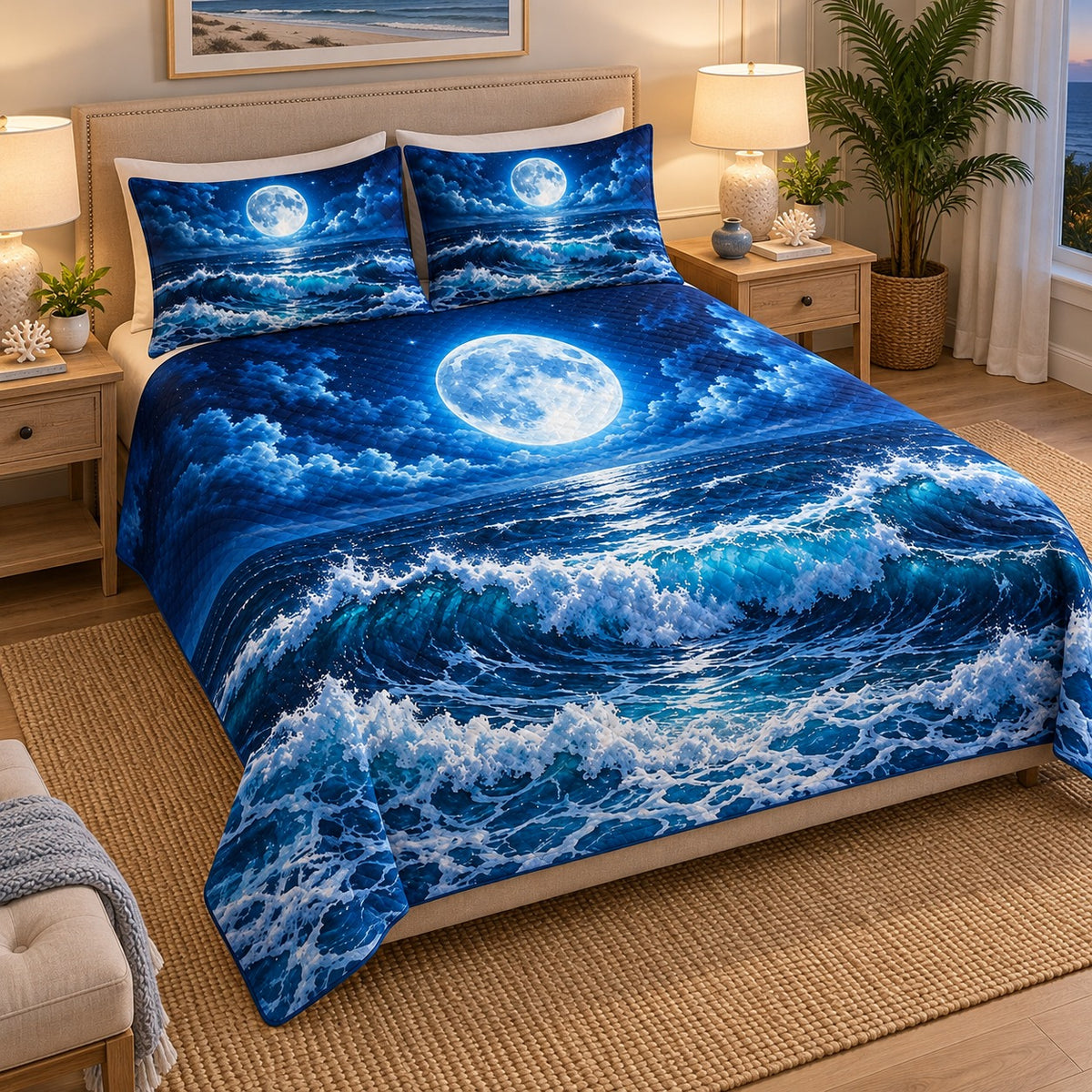 Full moon ocean waves quilt set – left angle