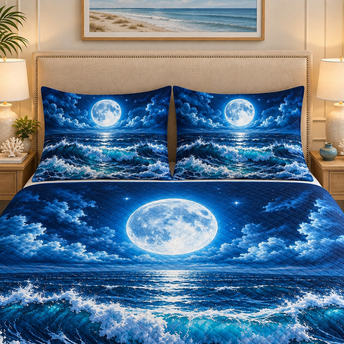 Full moon ocean waves quilt set – right angle