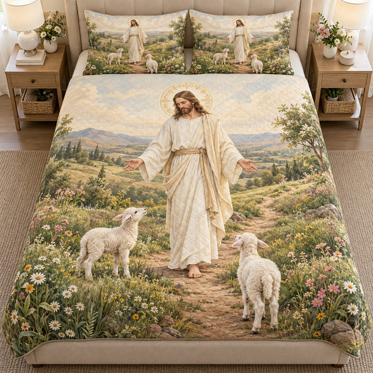 Front view of good shepherd meadow quilt set with diamond stitching