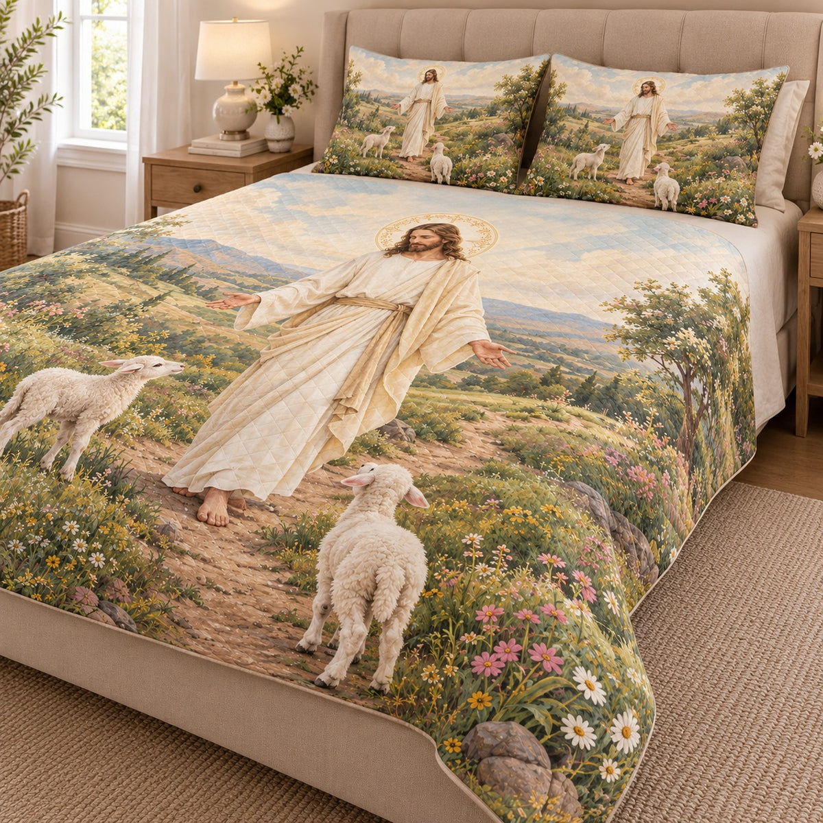 Angled view of good shepherd meadow quilt set with matching shams