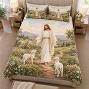 Alternate front view of good shepherd meadow quilt set
