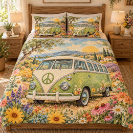 Vintage Hippie Van Quilt Set – Boho Flower Child Bedding Gift