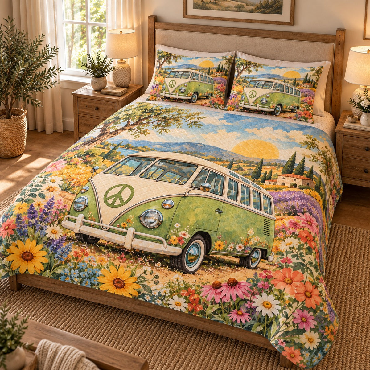 Hippie van flower field quilt set – left angle