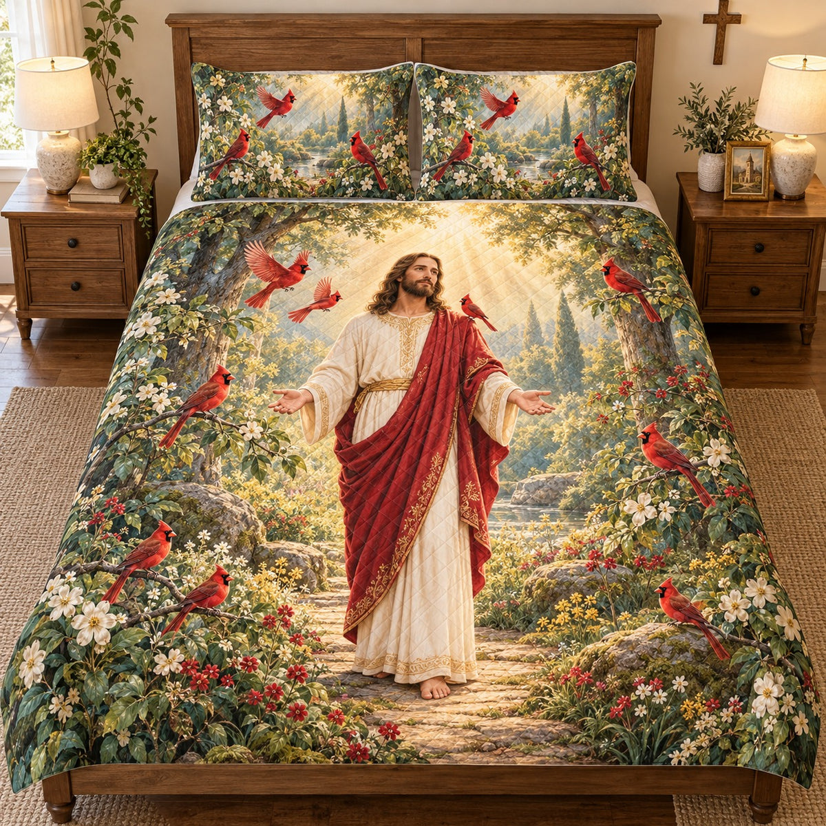 Jesus & Cardinal Garden Quilt Set – Christian Faith Bedding Gift