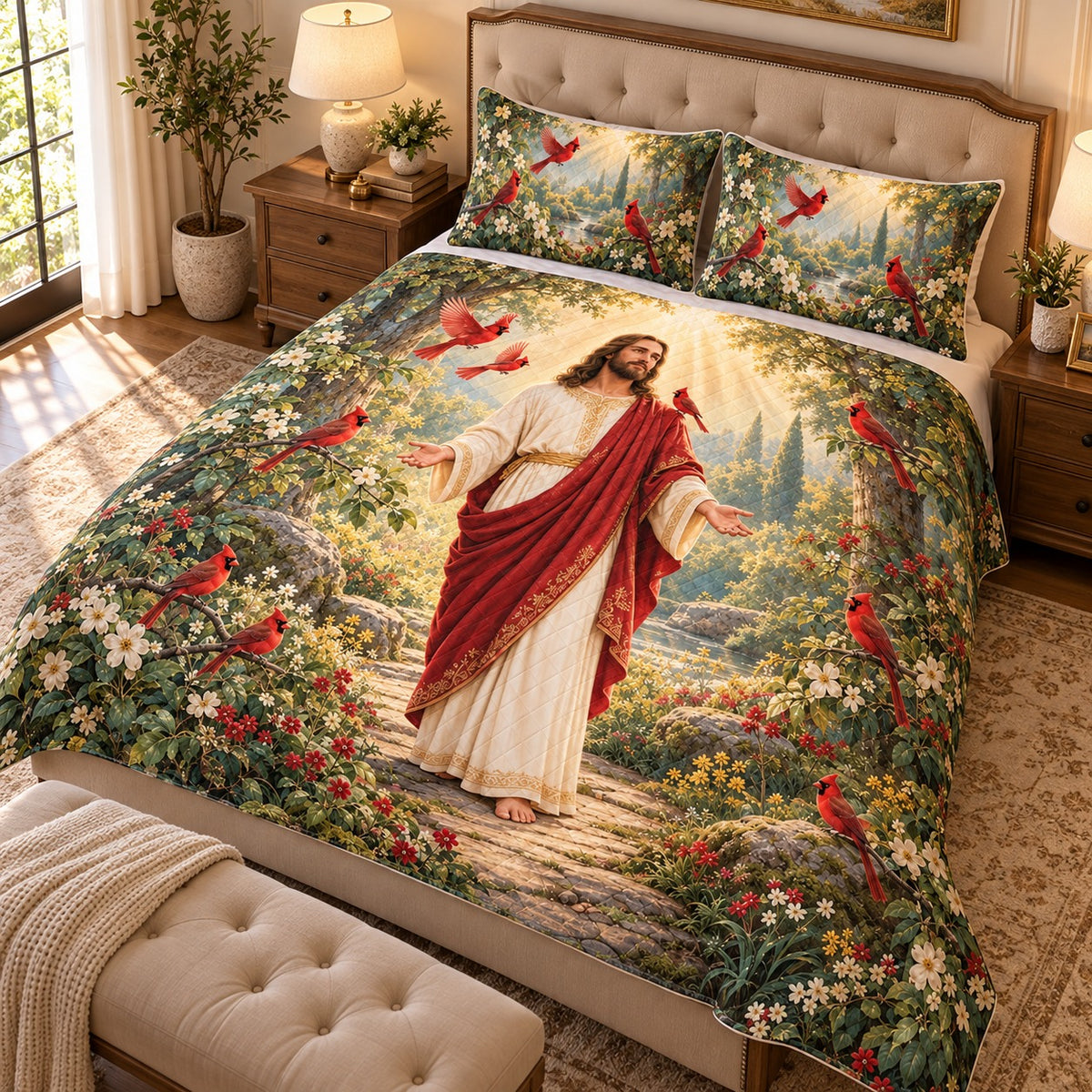 Jesus cardinal garden quilt set – left angle
