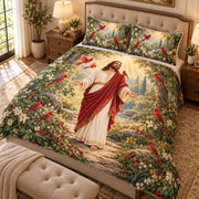 Jesus cardinal garden quilt set – left angle