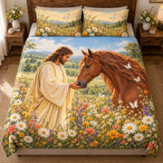Front view of jesus horse daisy meadow quilt set christian bedding gift for horse lovers with diamond stitching