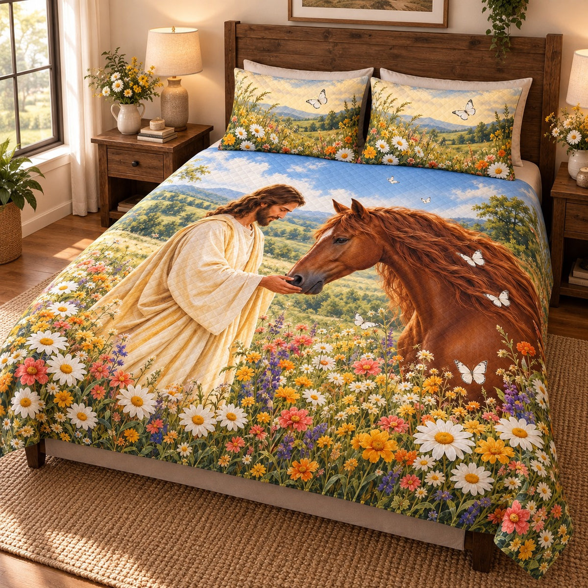 Angled view of jesus horse daisy meadow quilt set christian bedding gift for horse lovers with matching shams