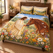 Angled view of jesus horse daisy meadow quilt set christian bedding gift for horse lovers with matching shams