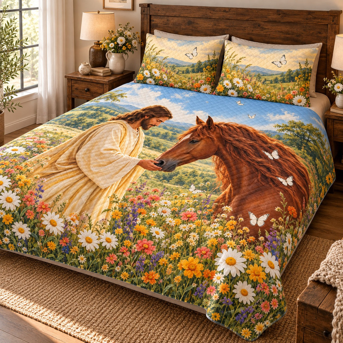 Alternate view of jesus horse daisy meadow quilt set christian bedding gift for horse lovers with diamond stitching