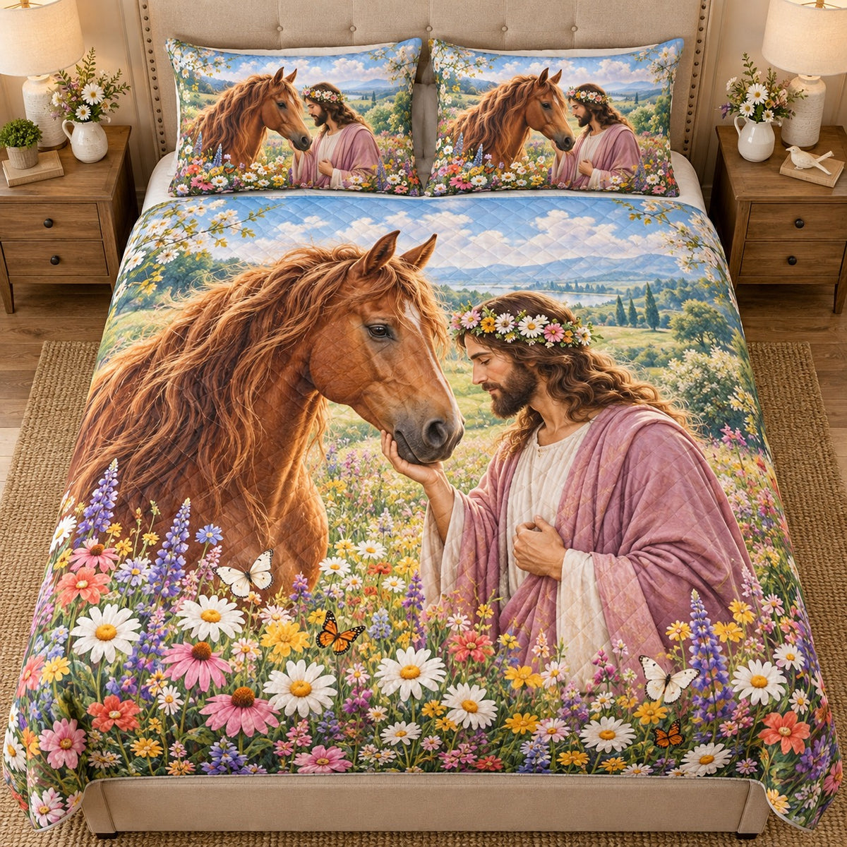 Front view of jesus horse wildflower quilt set with diamond stitching