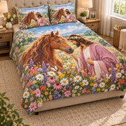 Angled view of jesus horse wildflower quilt set with matching shams