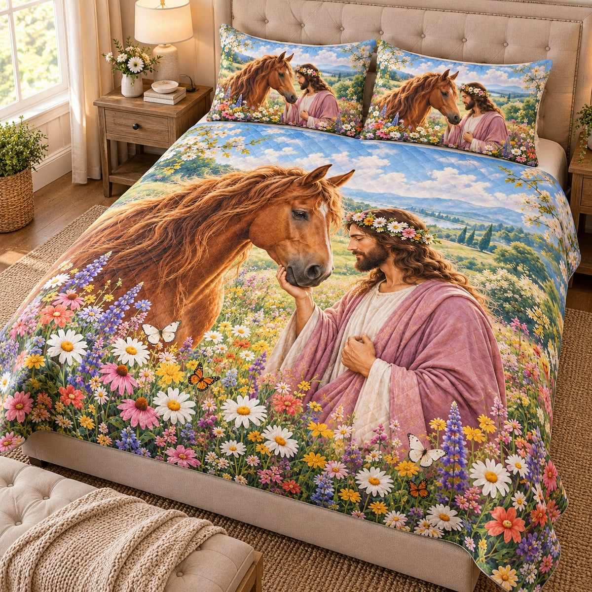Opposite angled view of jesus horse wildflower quilt set