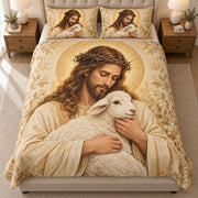 Front view of jesus lamb embrace quilt set with diamond stitching