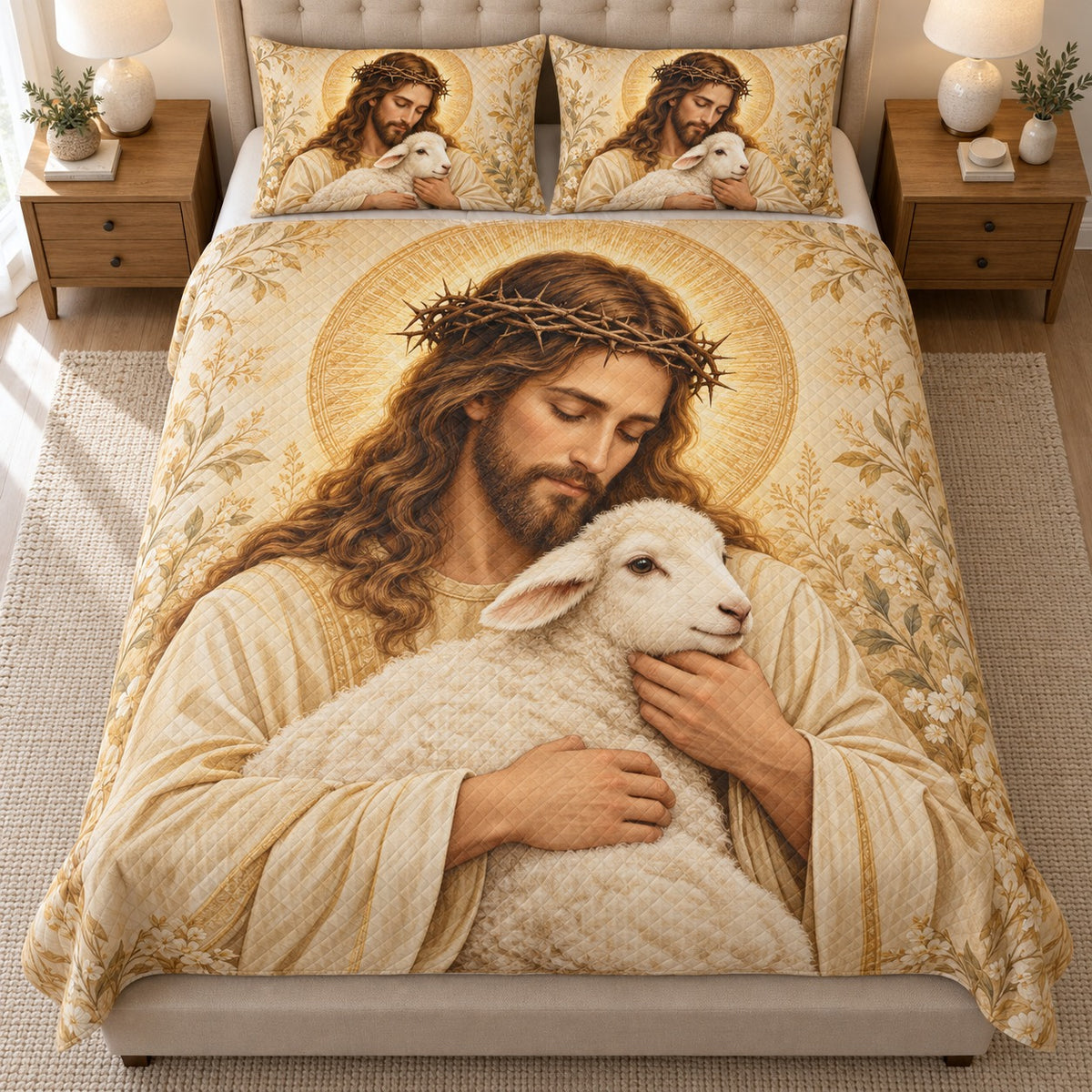 Front view of jesus lamb embrace quilt set with diamond stitching
