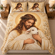 Alternate front view of jesus lamb embrace quilt set with matching shams