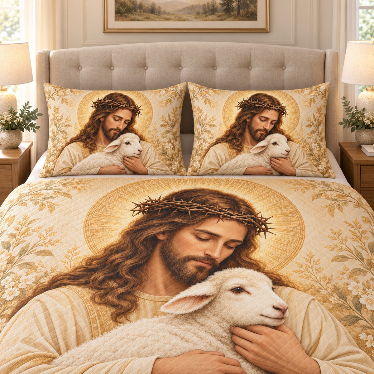 Close view of jesus lamb embrace quilt set